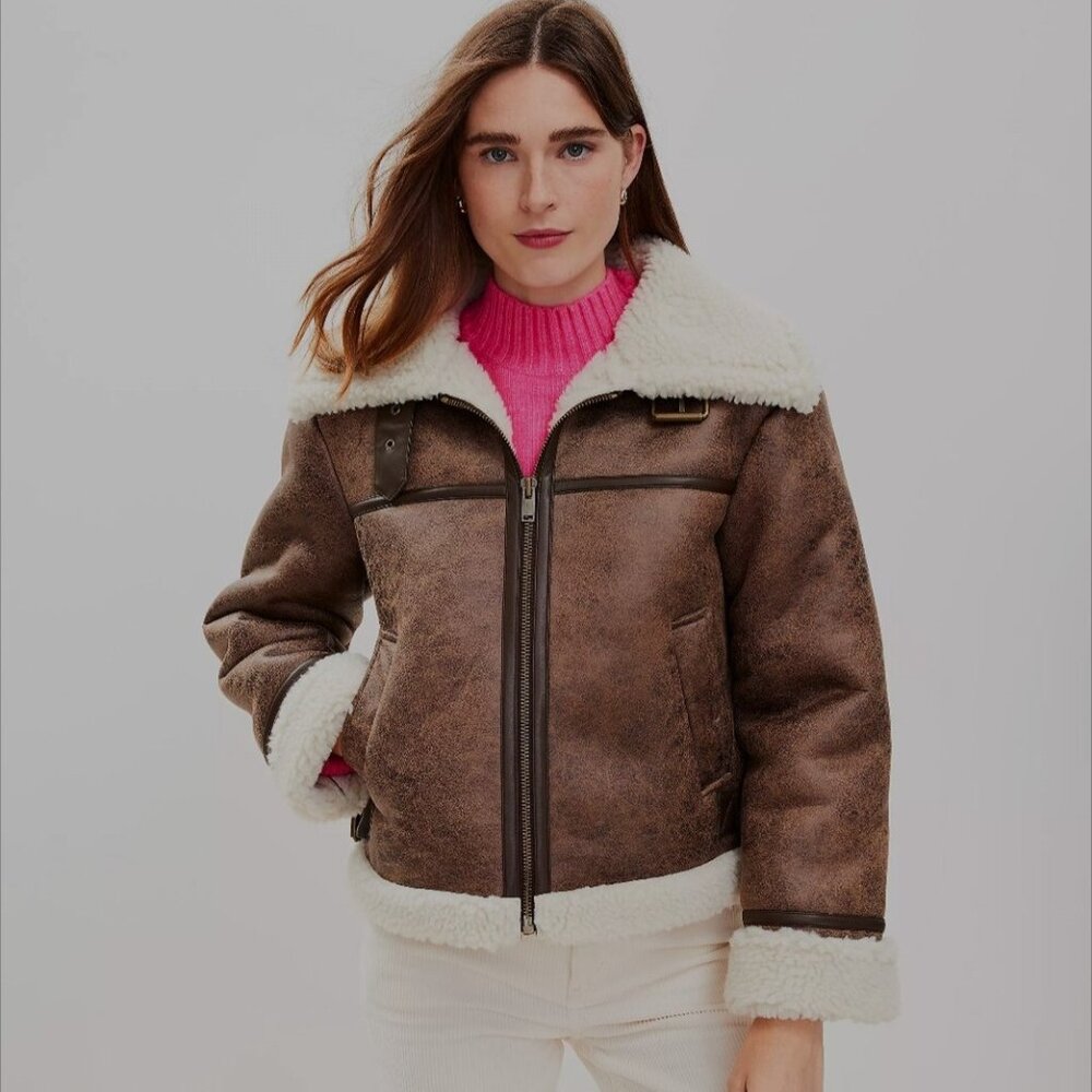 Loft Crackle Brown Faux Suede Sherpa Aviator Jacket Women's Size XS